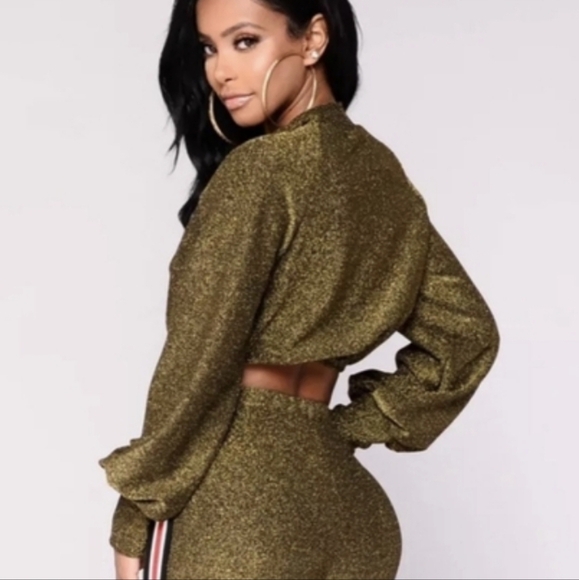 Fashion Nova gold long puff sleeves‎ glittery crop top women's large - Picture 15 of 16